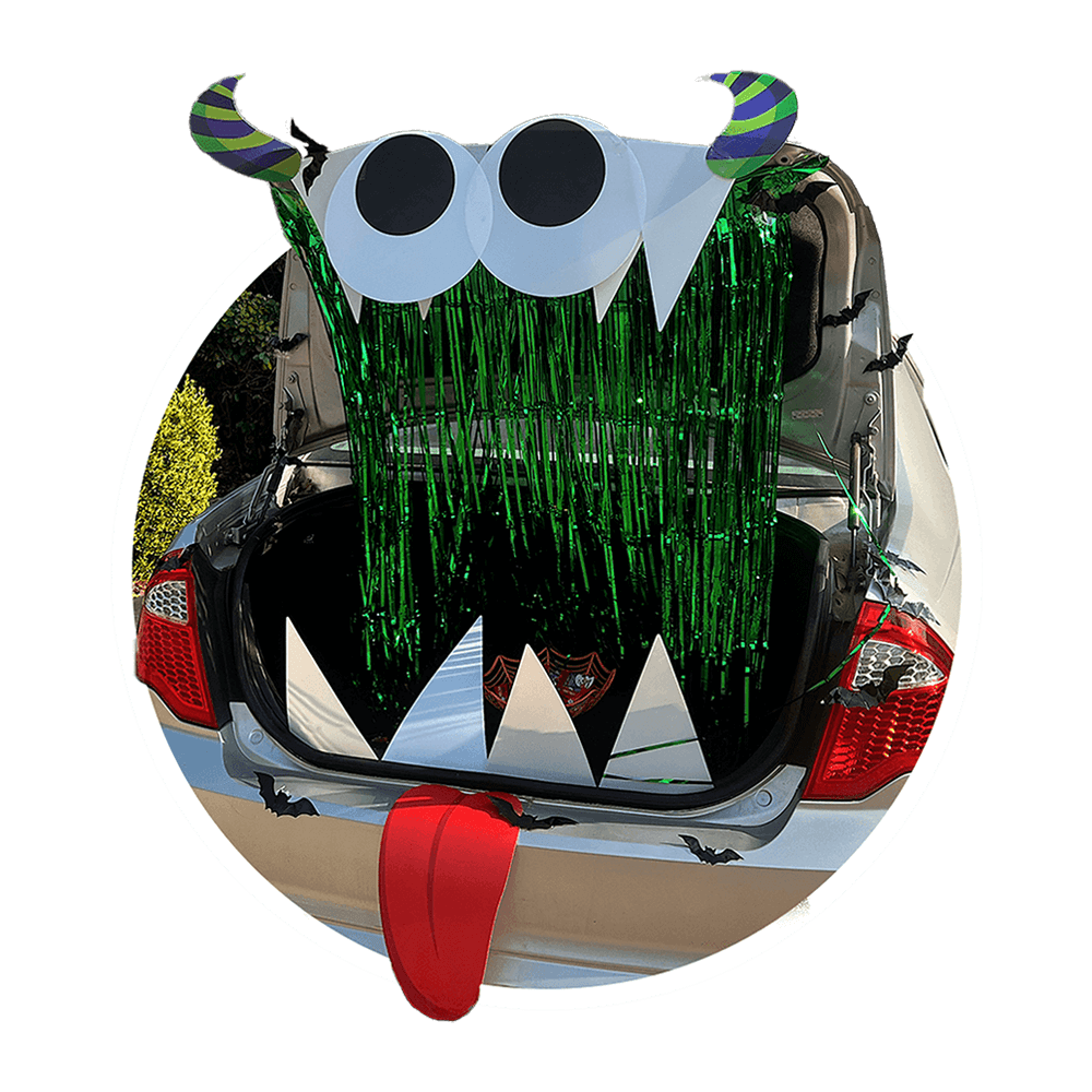 sedan decorated as a halloween monster for trunk or treat