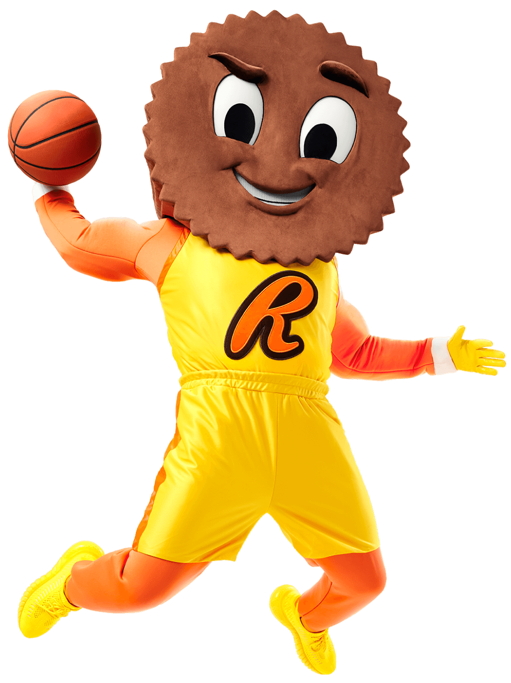 cuppy mascot jumping in the air while holding a basketball
