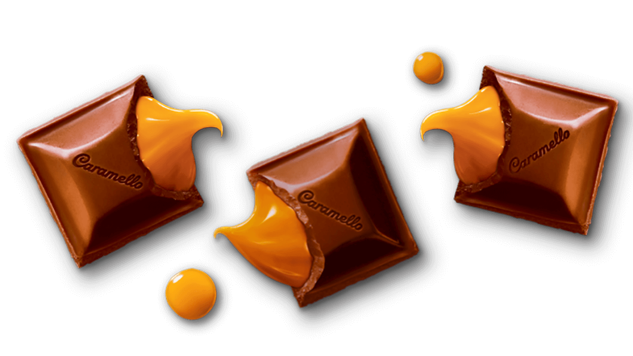 cadbury caramello milk chocolate squares with drips of caramel pouring out
