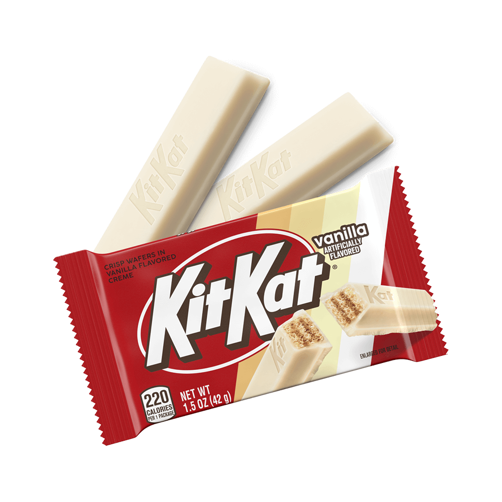 wrapped and unwrapped kit kat vanilla candy bar and wafers