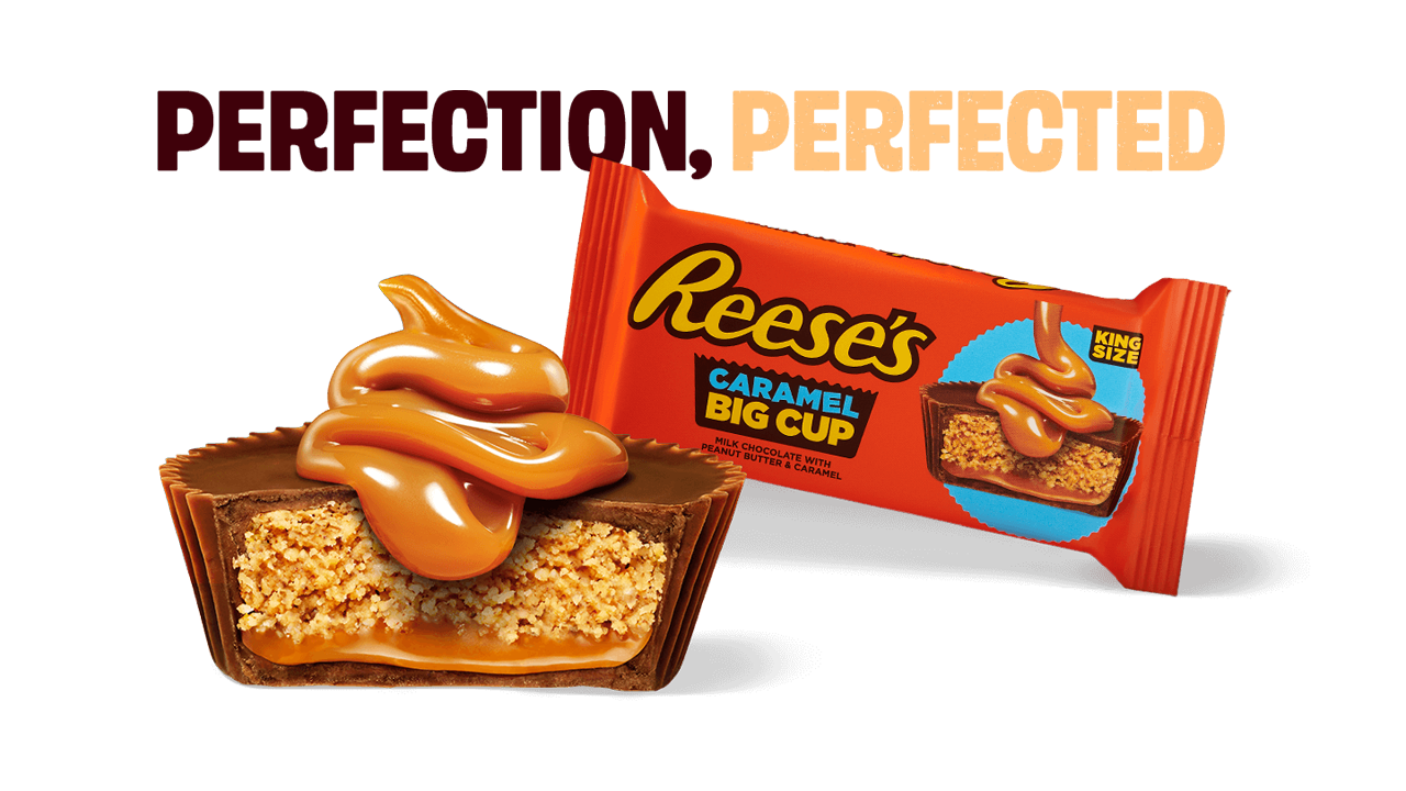 wrapped and unwrapped set of reeses caramel flavored milk chocolate peanut butter cups