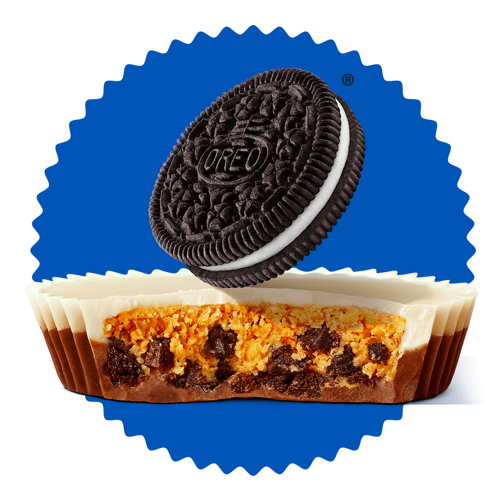 reeses oreo cup next to an oreo cookie