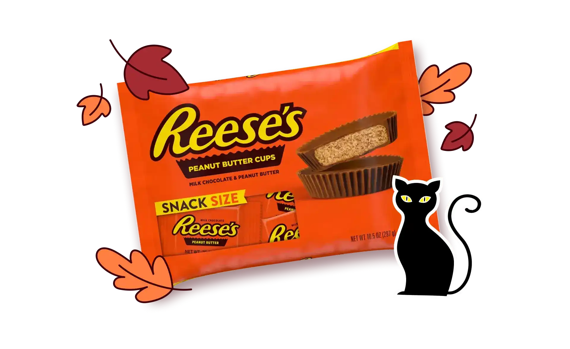 snack size reeses peanut butter cups next to fall leaves and a black cat
