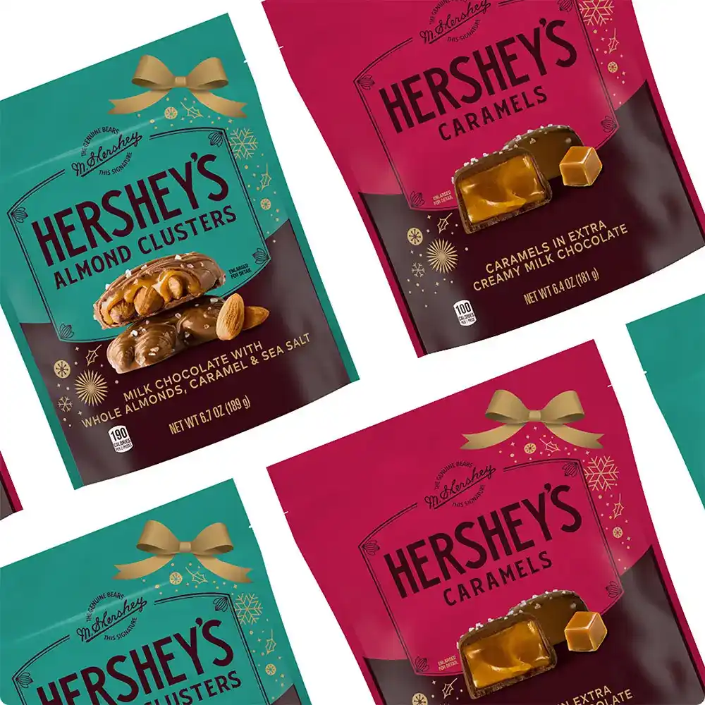 bags of hersheys milk chocolate almond clusters and caramels