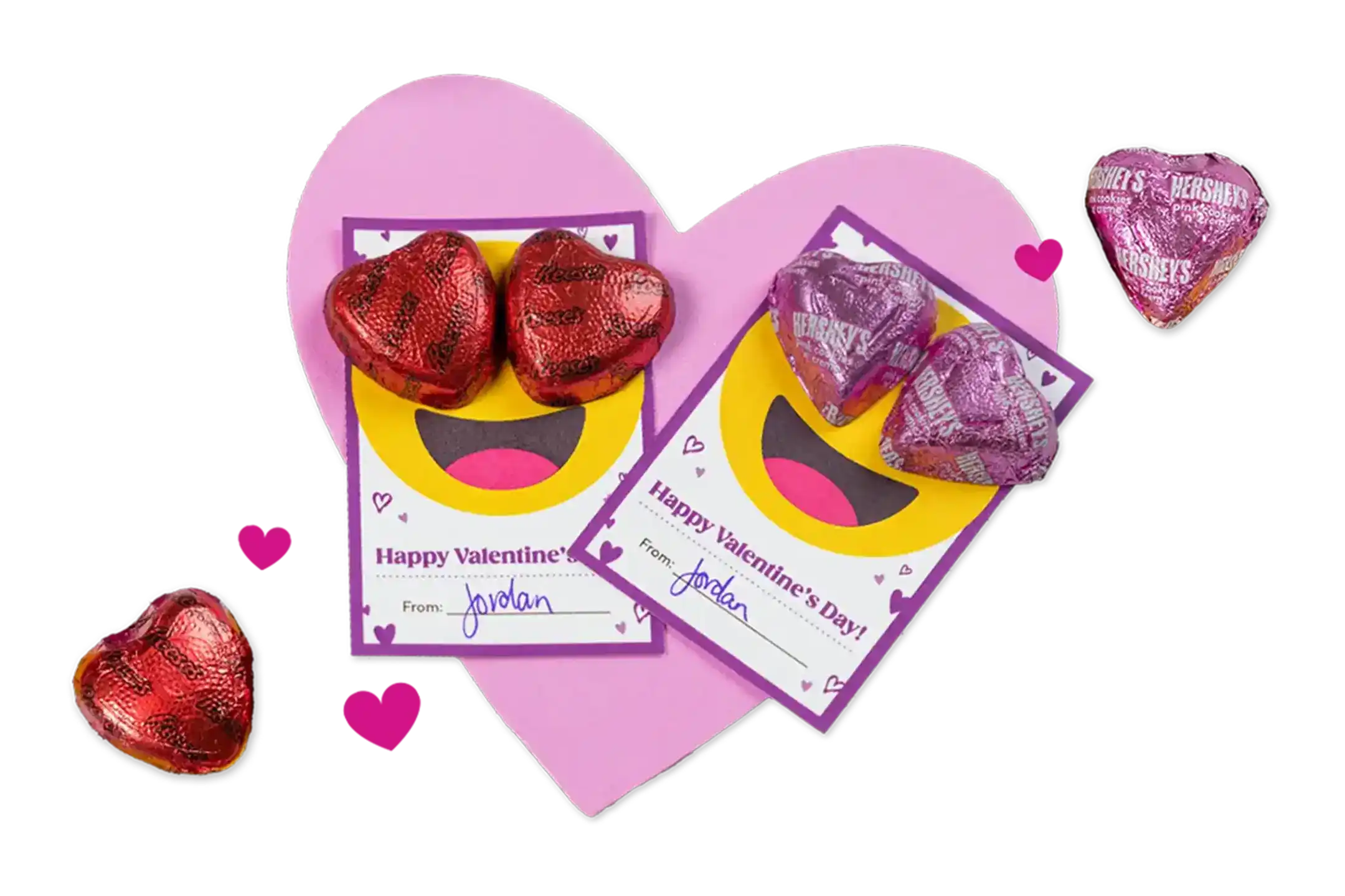 emoji valentines day exchange cards topped with hersheys hearts candies